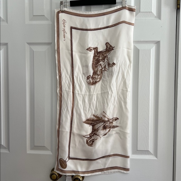 Polo Ralph Lauren Equestrian Silk Scarf Polo Horse Print Cream Brown - Picture 15 of 17